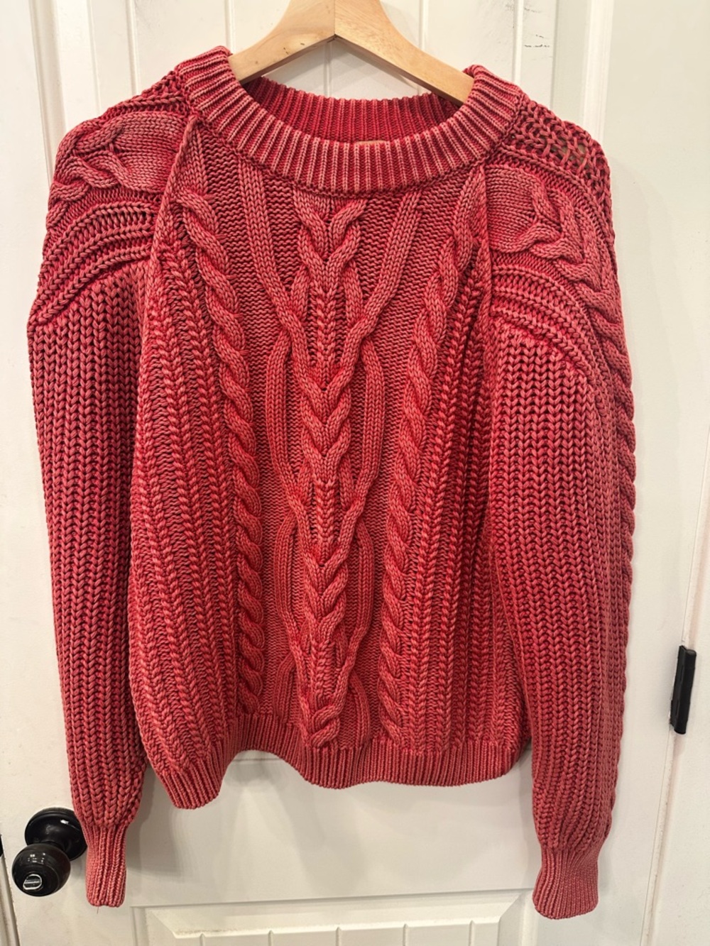 Free People Red Cable Knit Chunky Over-Sized Crewneck Sweater M Boho Cottagecore